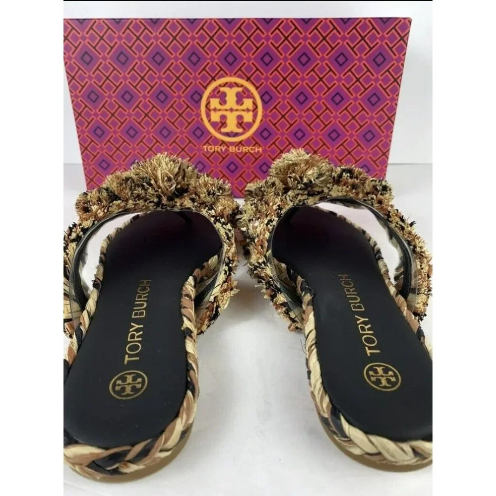 Tory Burch Raffia Flat Sandal Black/Aged Camello/Natural) Size 5 MSRP $228 - Picture 3 of 6